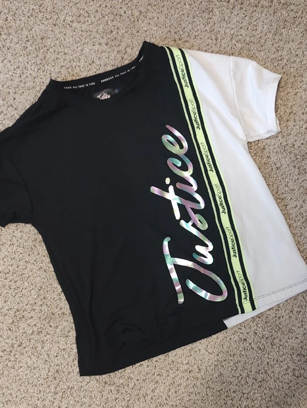 Justice Black & White Colorblock Tee with Neon Lime Accent